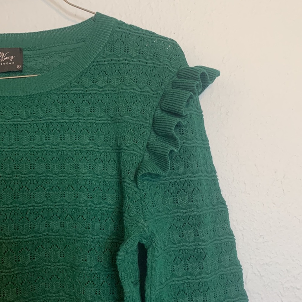 Milk & Honey Women's Size L Green Knit Ruffle Long Sleeve Pointelle Sweater Top - Picture 4 of 10